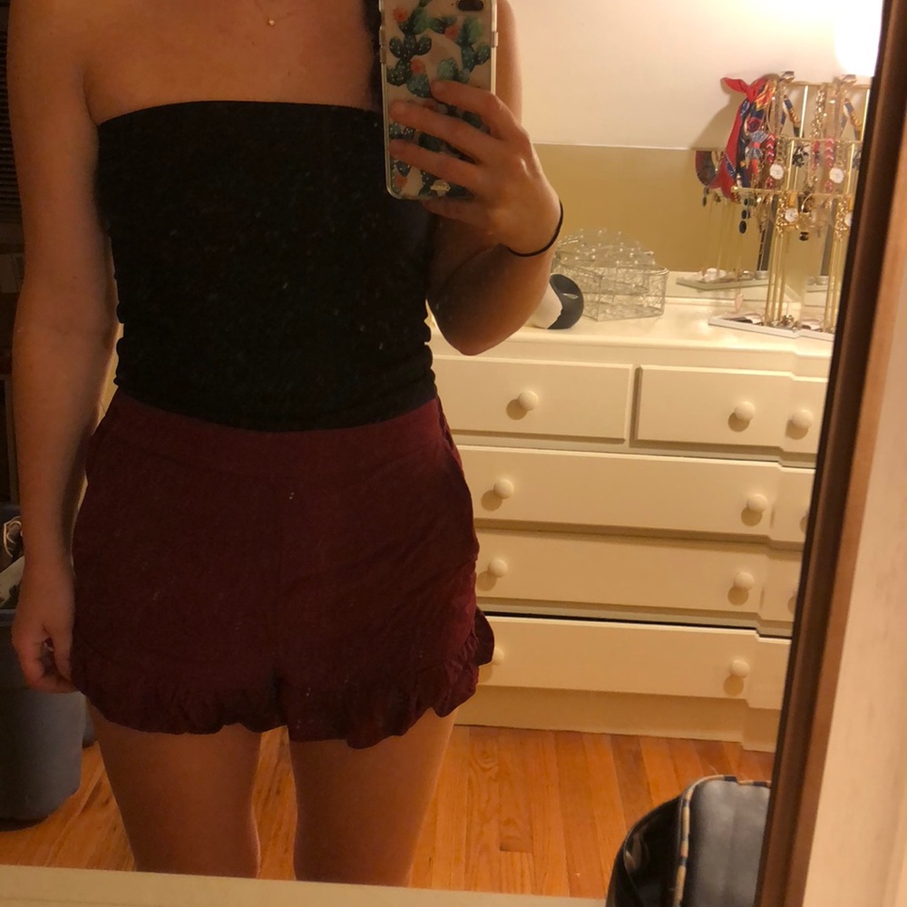 maroon flow-y shorts with ruffles
